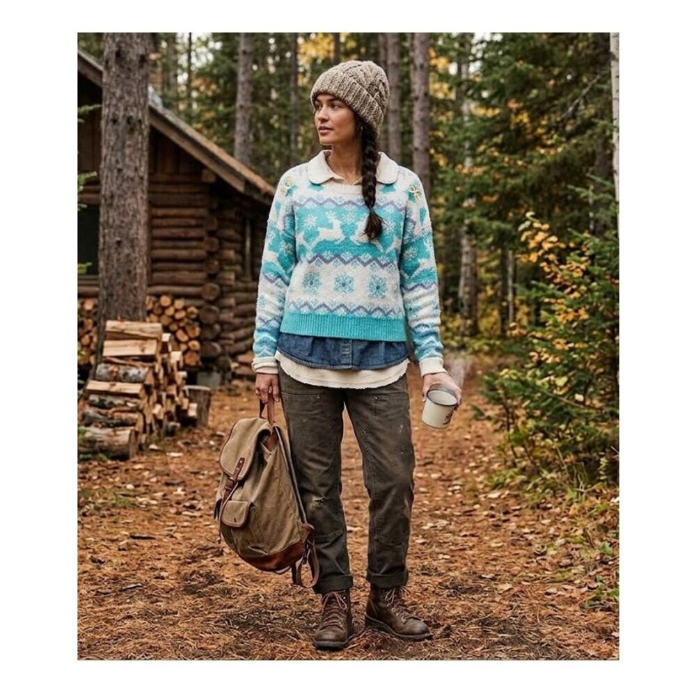 33 Degrees Fair Isle Sweater XL Turquoise Reindeer Cabincore Cottagecore Cozy